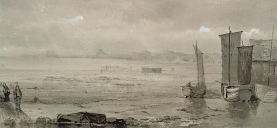 Étude du rivage : marée basse, avec bateaux de pêche et pêcheurs
